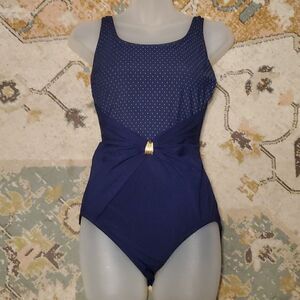 90s Navy Blue And Gold Sunburst Print Swim Suit